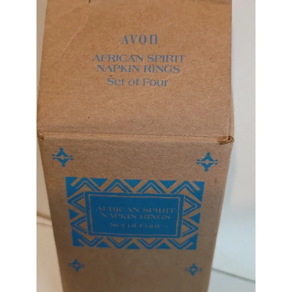 Vtg Avon Set of 4 Napkin Rings Gold Tone African Spirit Holders W/ Original Box